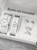 5Pcs Women Heart Diamond Jewelry Set, White Leather Quartz Watch + Necklace Earrings Bracelet Ring Gift Kit Qme WHITE No