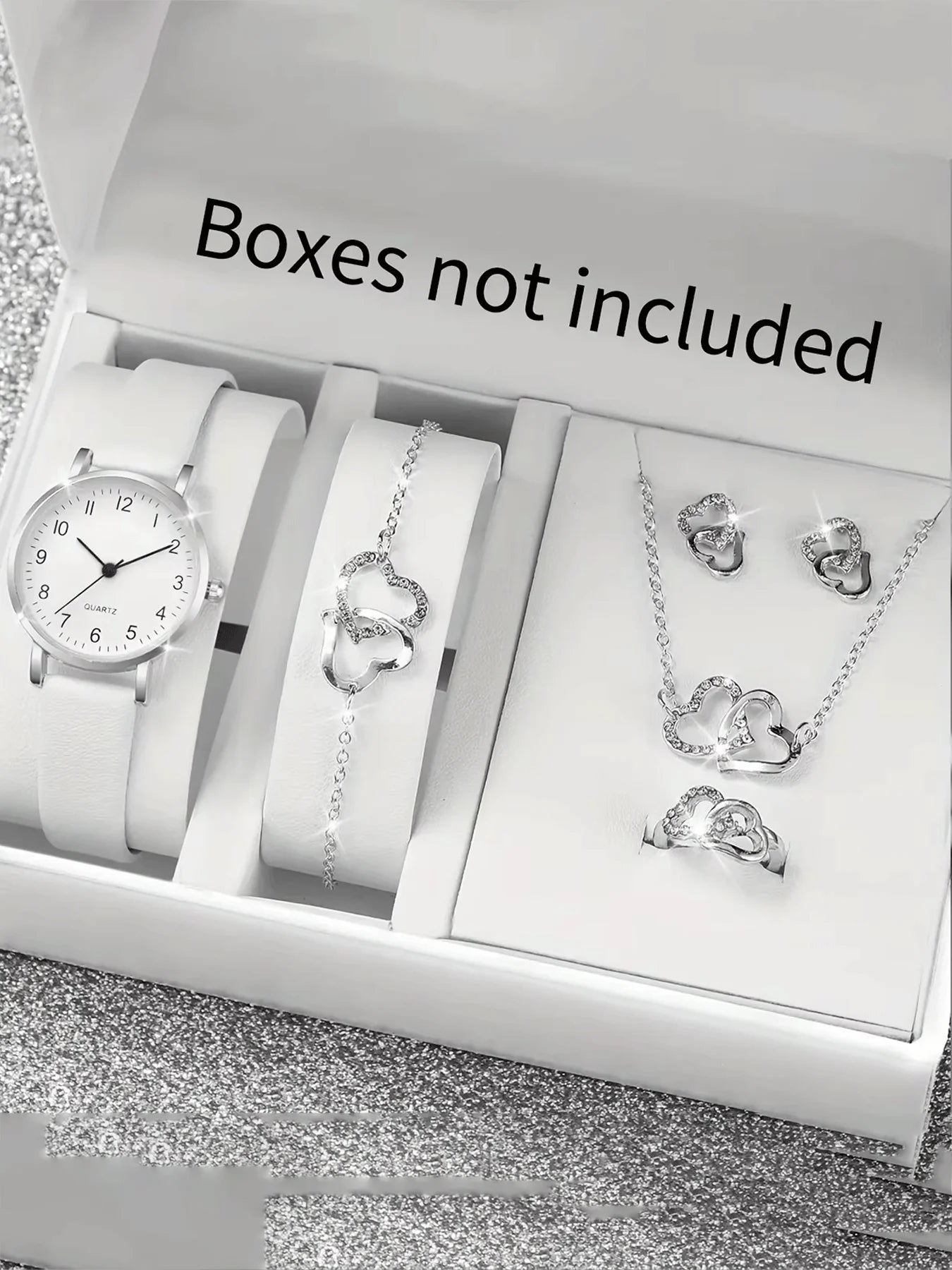 5Pcs Women Heart Diamond Jewelry Set, White Leather Quartz Watch + Necklace Earrings Bracelet Ring Gift Kit Qme WHITE No