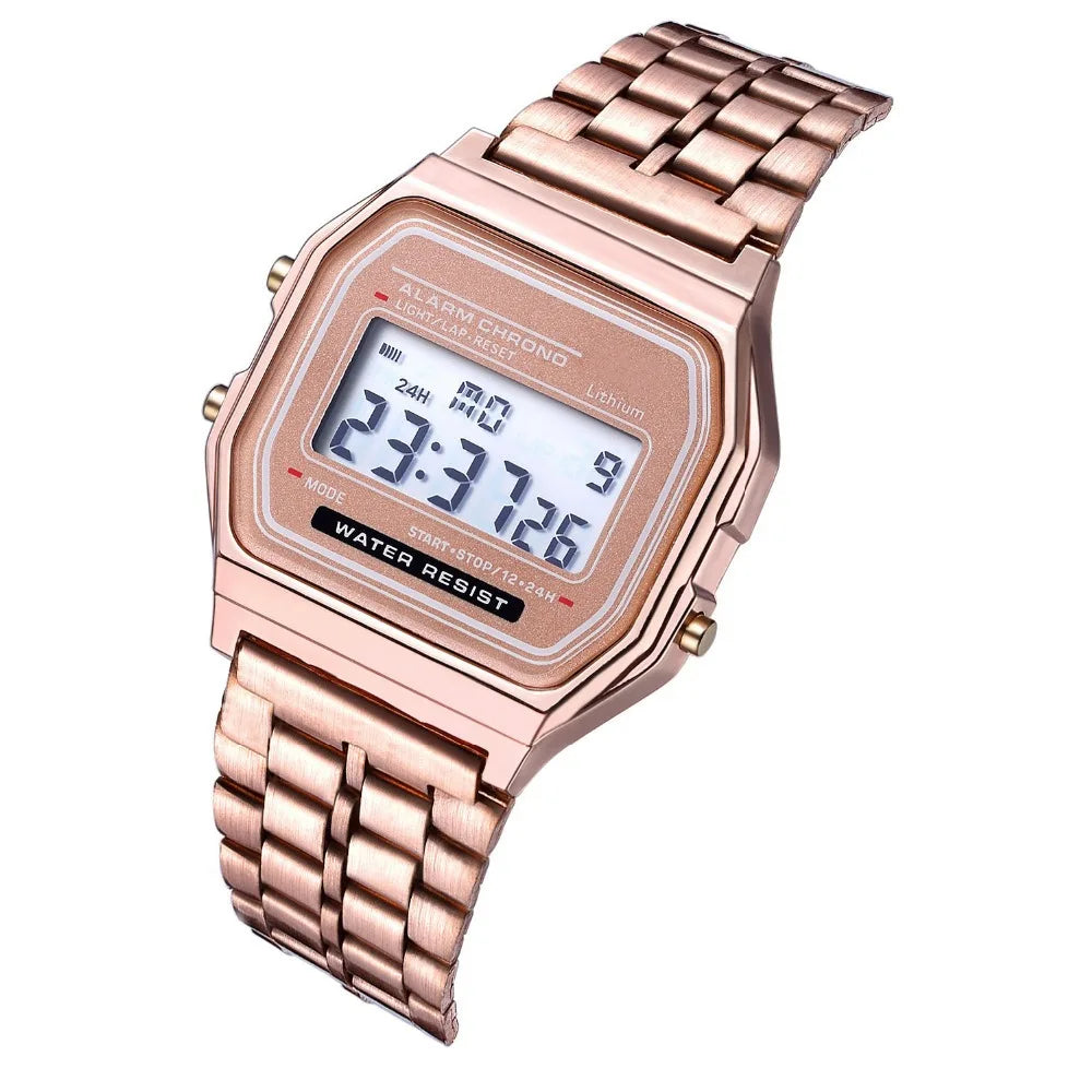 Steel strip LED electronic watch ultra-thin gold and silver cold light watch F91W steel strip original Su Feng fashion multifunc Qme Rose