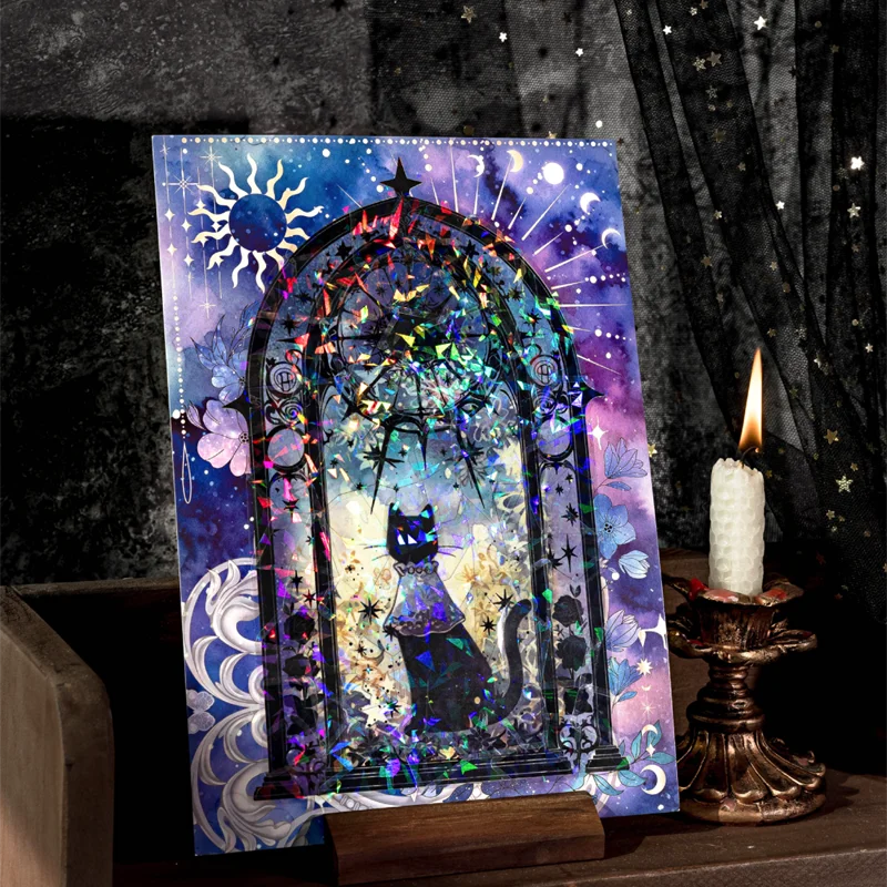 Gothic Dark Cat Theme Crystal PET Puzzle Stickers for DIY Crafts Scrapbooking Journal Phone Case Notebook Decoration Qme