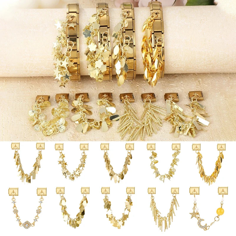 Wholesale Shell Flower Stars Leaf Gold Tassel Chain Italian Charm Links Fit 9MM Stainless Steel Bracelet Women DIYMaking Jewelry Qme