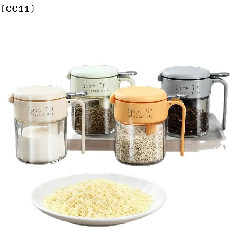 Glass Spice Jar Built-in Spoon Handle Airtight Seasoning Container Qme