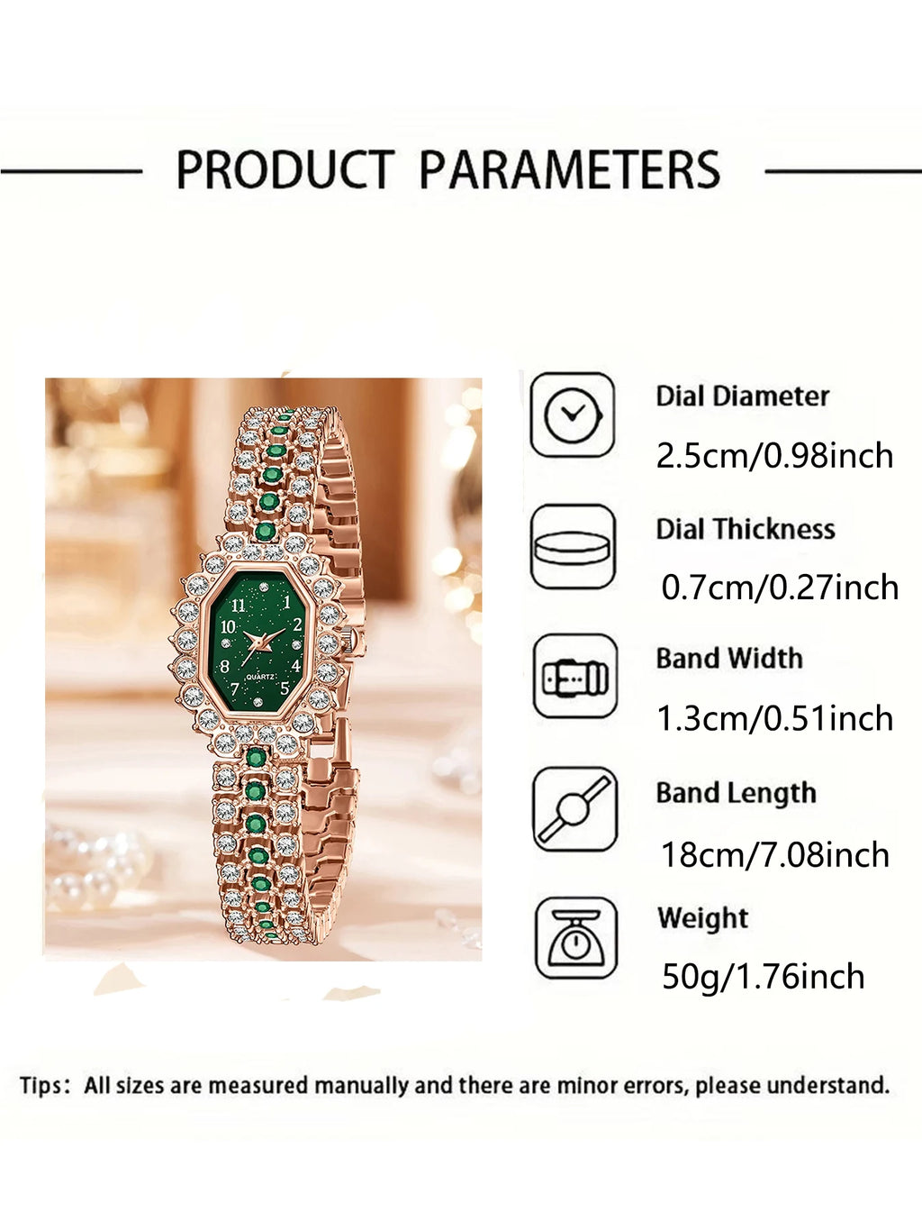 5Pcs Luxury Emerald Crystal Watch Necklace Earrings Ring Bracelet Set Qme