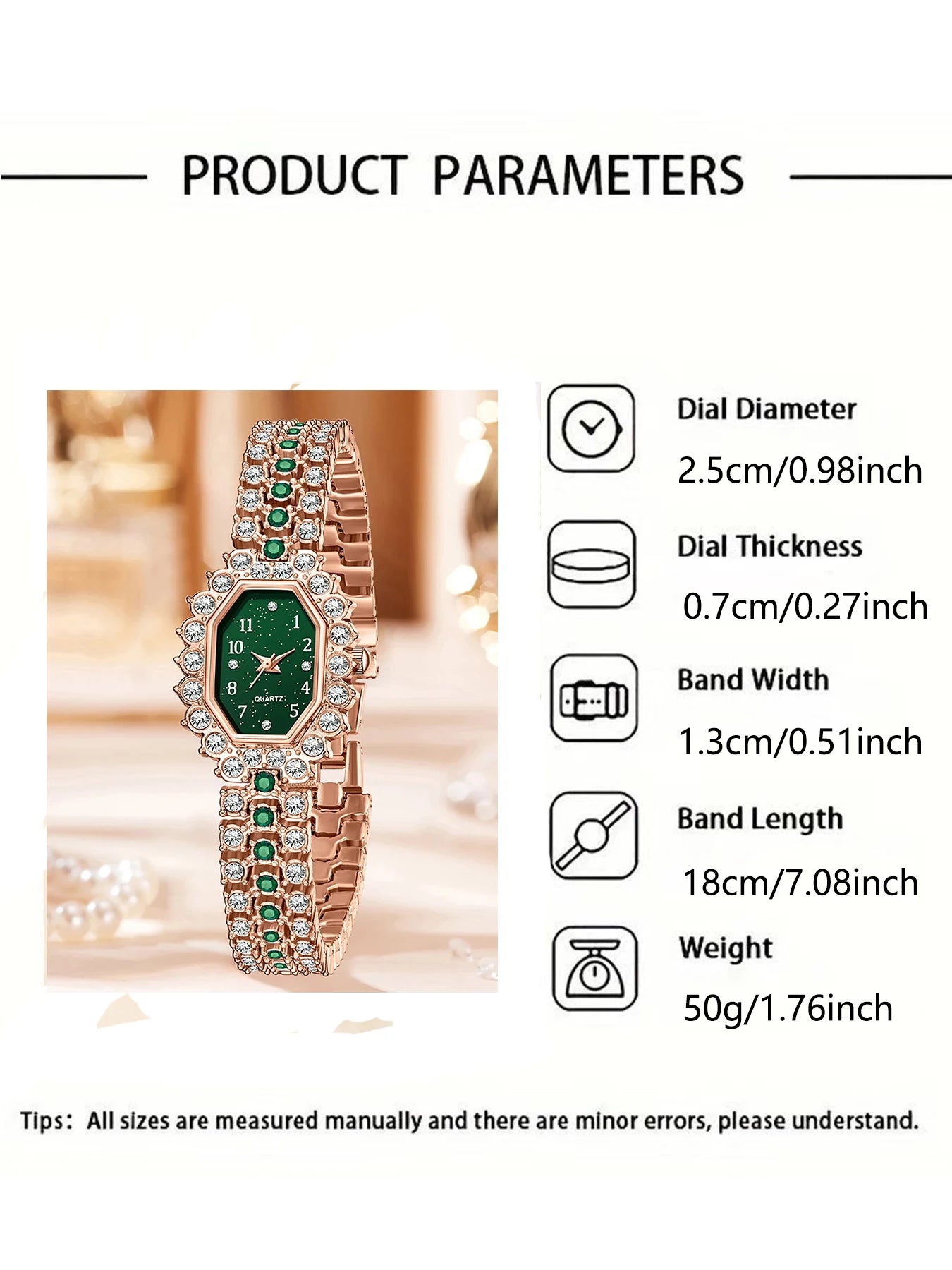 5Pcs Luxury Emerald Crystal Watch Necklace Earrings Ring Bracelet Set Qme