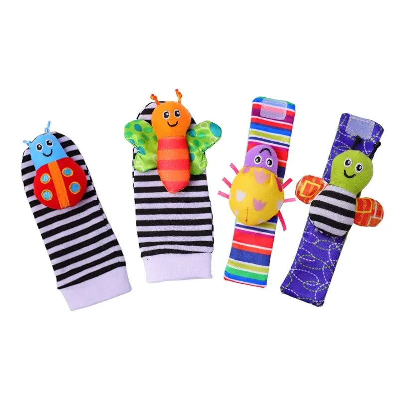 4Pcs Baby Toy 0-12 Months Baby Rattles Toys Animal Socks Wrist Strap + Rattle Baby Foot Socks Bug Wrist Strap Baby Socks New Qme 4PCs