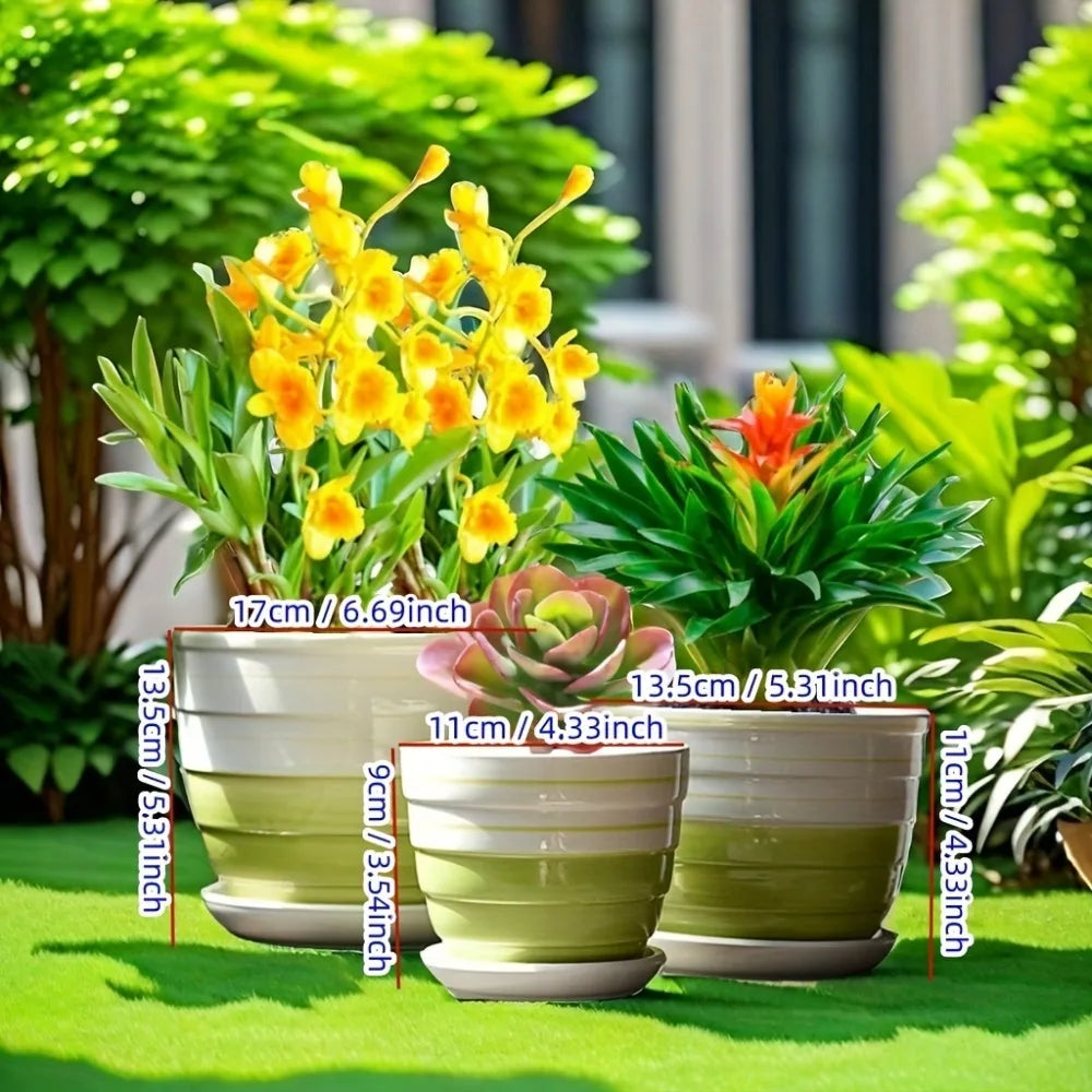 Ceramic Plant Pots Set of 3 Planters with Drainage Holes Flower Pot Outdoor Indoor Modern Decor for Garden Succulent Pots Qme Green White Set-3PCS