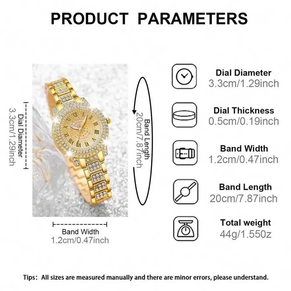4 Pieces Fashionable Luxury Women's Watch Set with Rhinestone Roman Numbers Round Dial Watch Quartz Bracelet Perfect Gift Set Qme