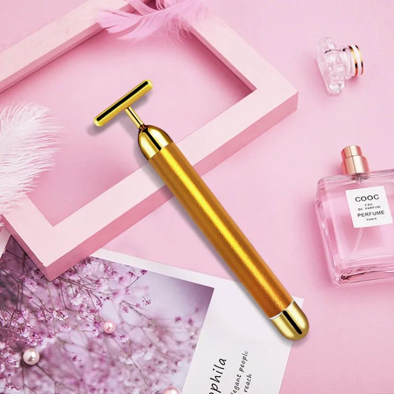 24K Gold Roller Vibrating Facial Massager Slimming Skin Beauty Pulse Qme