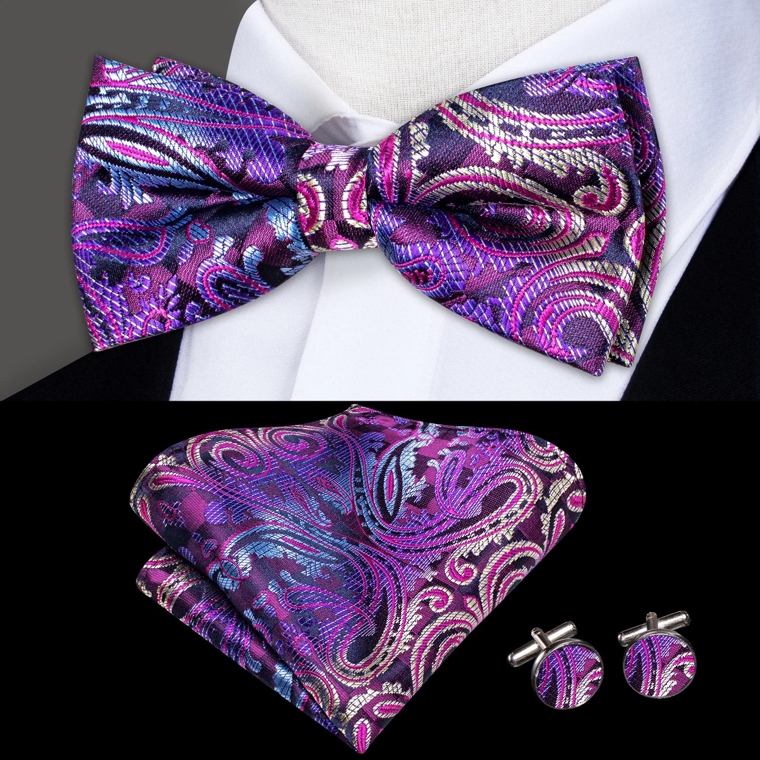 Hi-Tie Pea Green Silk Mens Striped Pre-tied Bow Tie Hanky Cufflinks Set Butterfly Knot Bowtie for Male Wedding Business Qme LH-2521