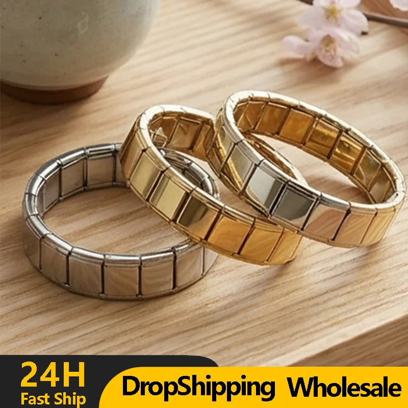 New Simple Fashion Elastic Italian Charm Link Chain Stainless Steel Bracelet for Men Women Metal Bangle on Hand DIY Jewelry Gift Qme