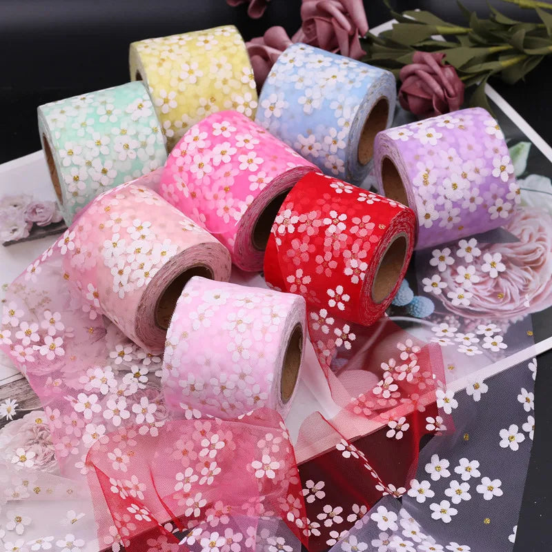 6cm 5Yards Floret Tulle Daisy Ribbon Roll DIY Craft Ribbons for Gift Bow Packaging Cherry Blossoms Printed Mesh Fabric Supplies Qme