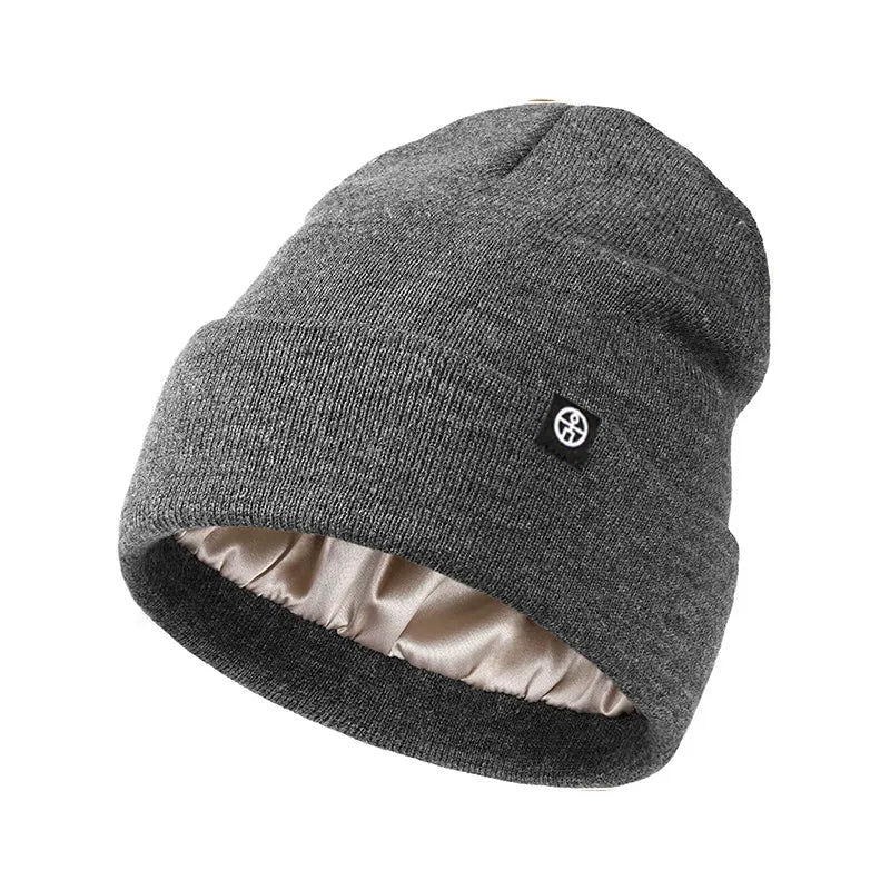 Caps Men Women Knitted Solid Silk Lined Hats Winter Outdoor Qme Dark Grey One Size