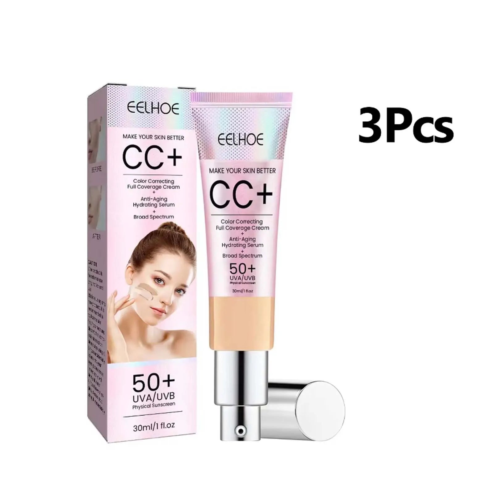 1/2/3pcs CC Cream Foundation Waterproof Brighten Moisturizing Foundation Concealer Oil-Control Long Lasting Spf 50 Makeup Qme 3PCS Medium Skin