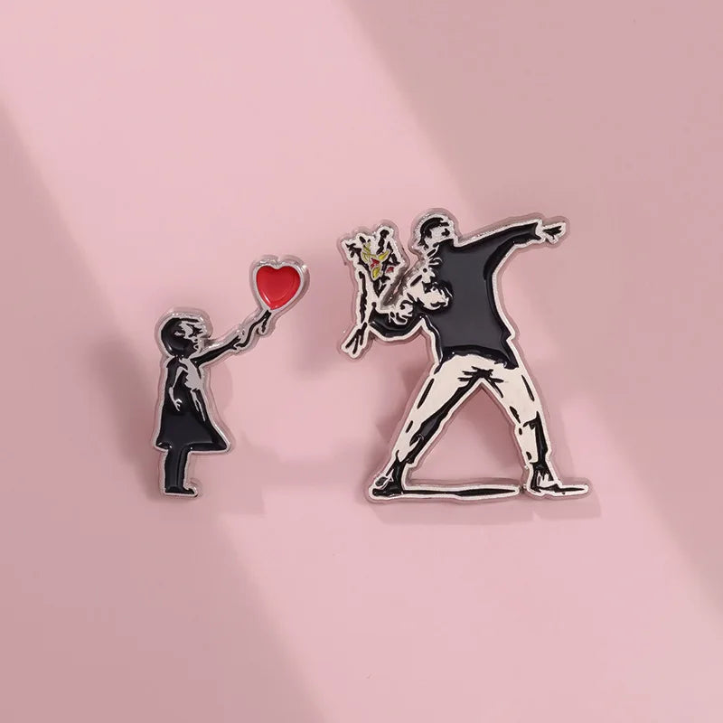 Classic Banksy Art Design Collection Brooch Enamel Pin Flower Thrower Boy Red Balloon Girl Badge Lapel Backpack Jewelry Gift Qme