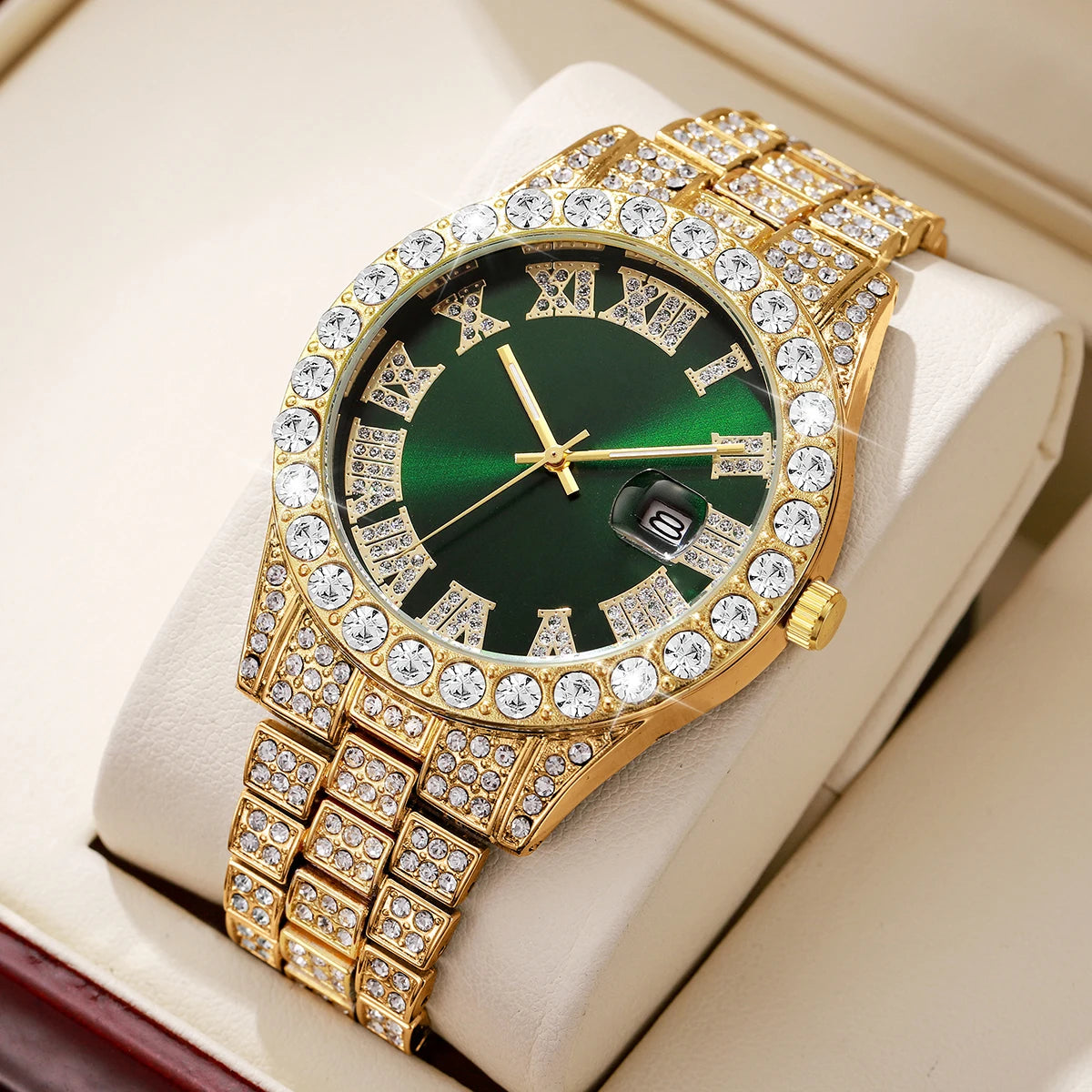 Men's Steel Band Quartz Watch Hip-Hop Business Steel Band Calendar Full Diamond Men's Watch Qme Gold Green No Box