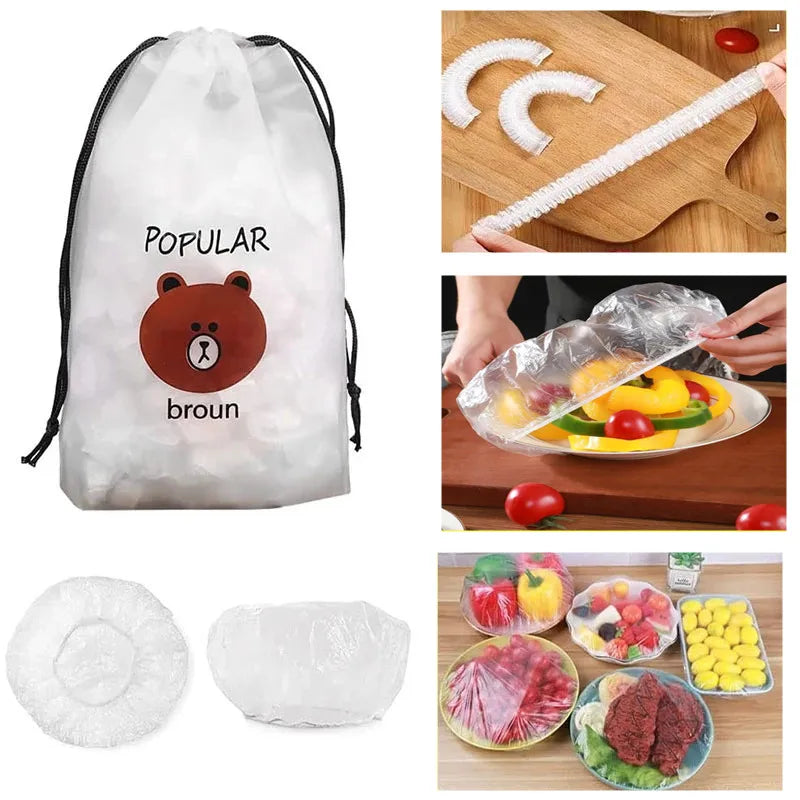 100PCS Disposable Food Cover Plastic Wrap Kithchen Refrigerator Fruit Food Stretch Protection Flim Dustproof Bowls Cups Caps Bag Qme