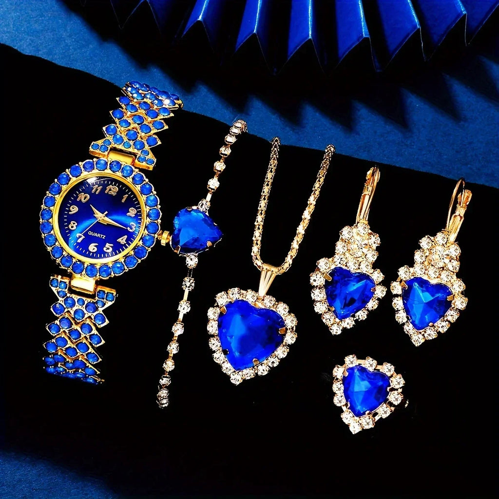 6pcs/set Women's Elegant Rhinestone Quartz Watch Blue Fashion Wrist Watch & Synthetic Gem Jewelry Set, Valentines Qme Blue No