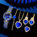 6pcs/set Women's Elegant Rhinestone Quartz Watch Blue Fashion Wrist Watch & Synthetic Gem Jewelry Set, Valentines Qme Blue No