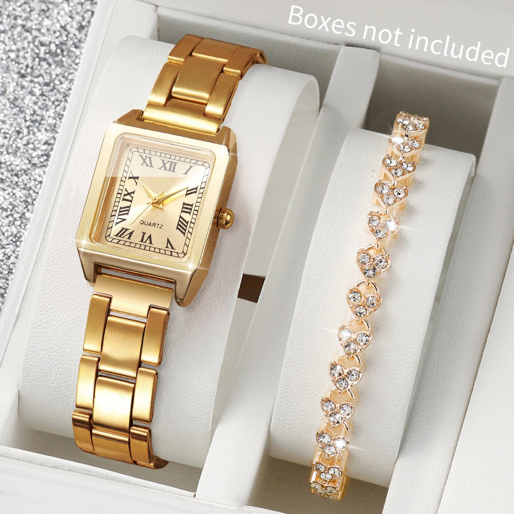 Luxury Gold Tone Women Square Quartz Watch Heart Shaped Crystal Qme 2PCS Without Box