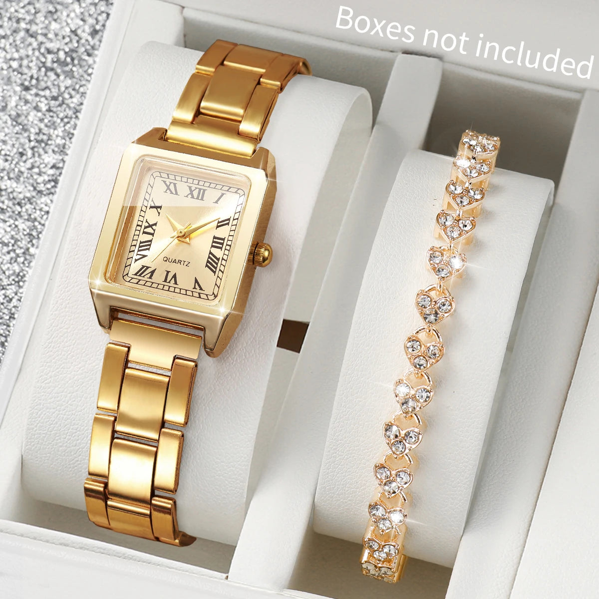 Luxury Gold Tone Women Square Quartz Watch Heart Shaped Crystal Qme 2PCS Without Box