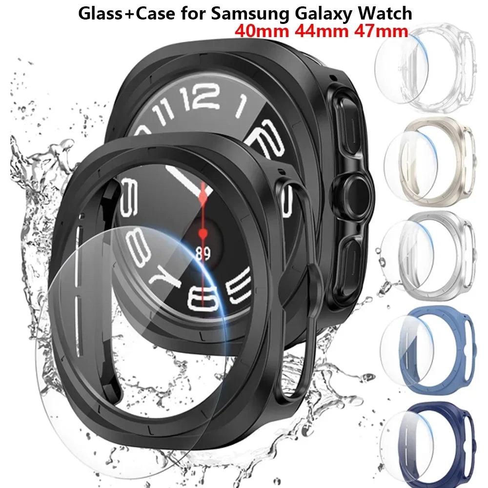 Glass+Case for Samsung Galaxy Watch 7/FE 40mm 44mm Waterproof PC Hard Bumper Galaxy Watch 7 Ultra 47mm Cover+Screen Protector Qme