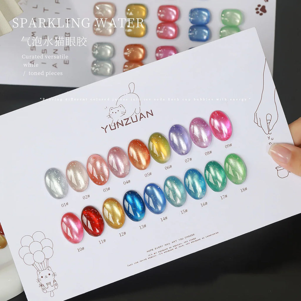 18 Colors Fruit Soda Cat Eye Gel Polish, Bubble Ice Transparent Glass Bead Magnetic Nail Art, New Shimmer Jelly Soak Off UV Gel Qme