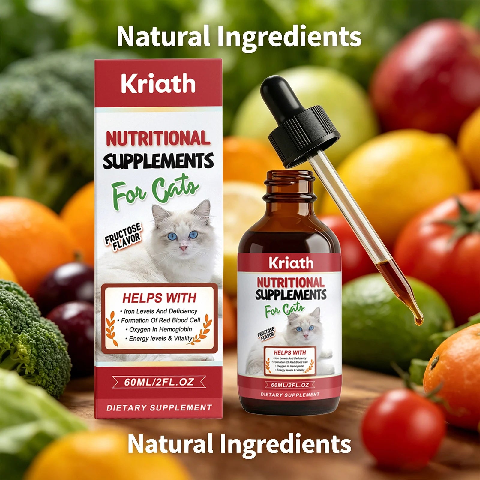 Kriath Cat Nutritional Supplement Drop Boost Energy Vitality & Red Blood Promote Healthy Growth Multivitamin Iron Support Liquid Qme