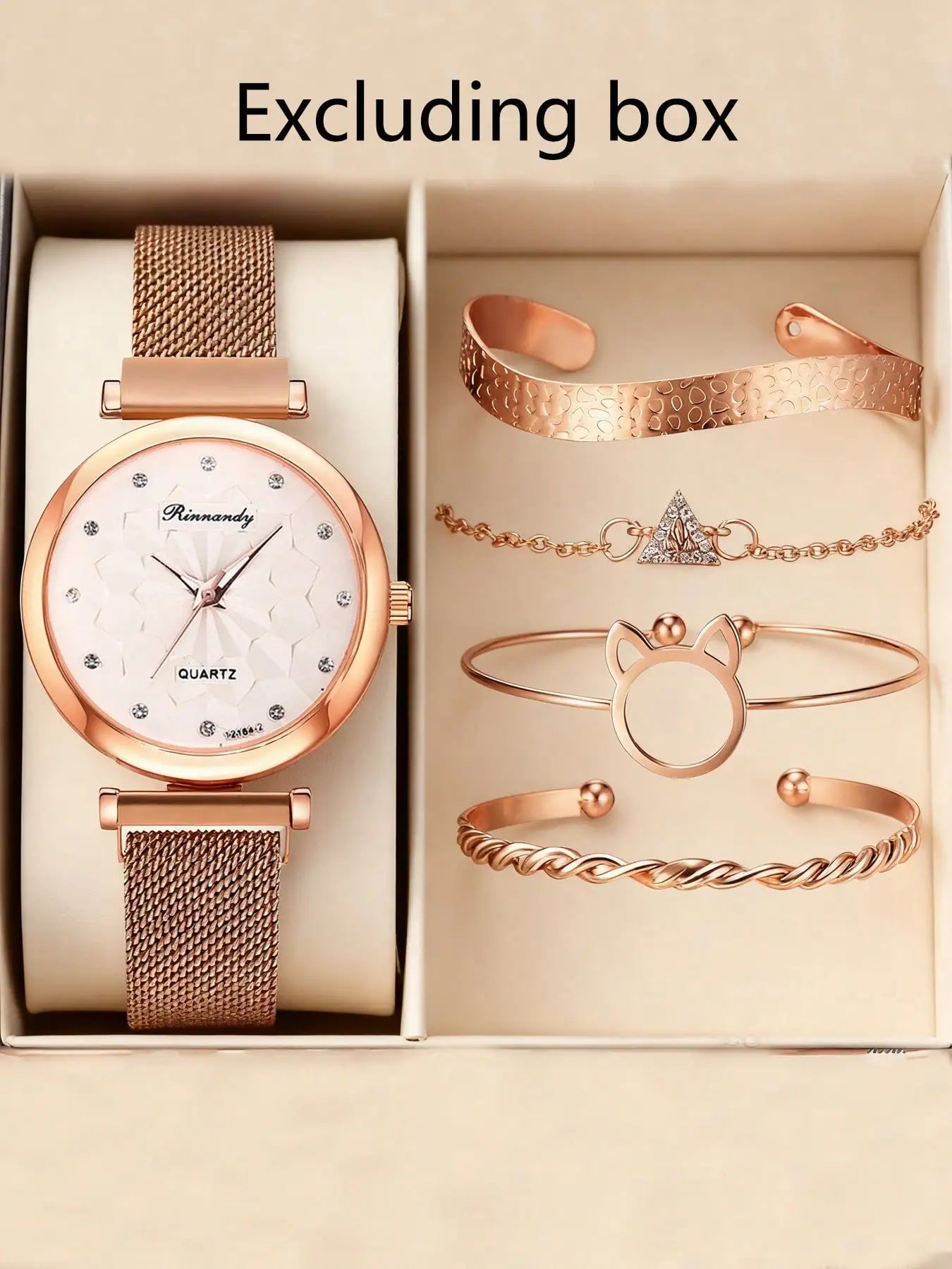 Watch bracelet set Cat's ears (Steamed cat-ear shaped bread) bracelet set magnet buckle mesh band watch set Qme Rose