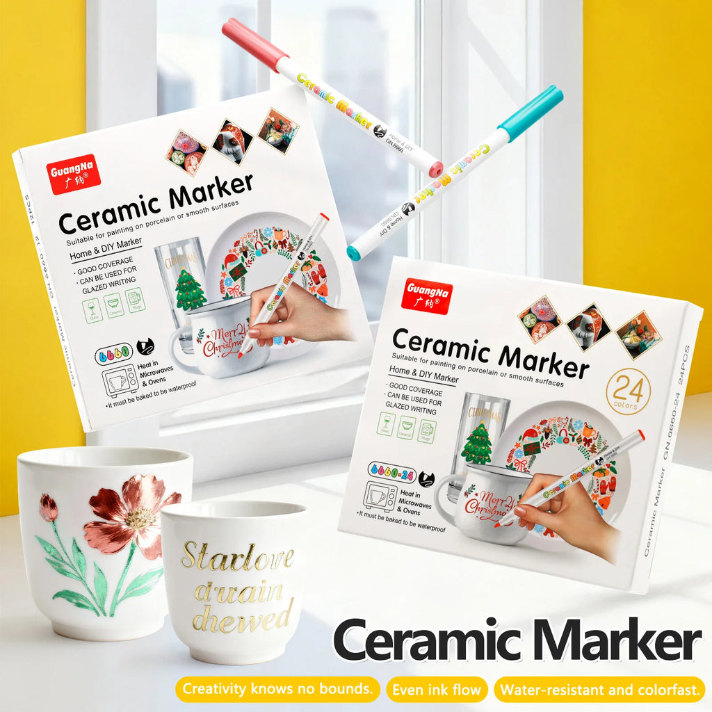 GN 12/24 Colors Ceramic Markers,Non-Toxic Ceramic Paint Pens,DIY Art Marker, for Rock Glass Porcelain Drawing Craft Supplies Qme