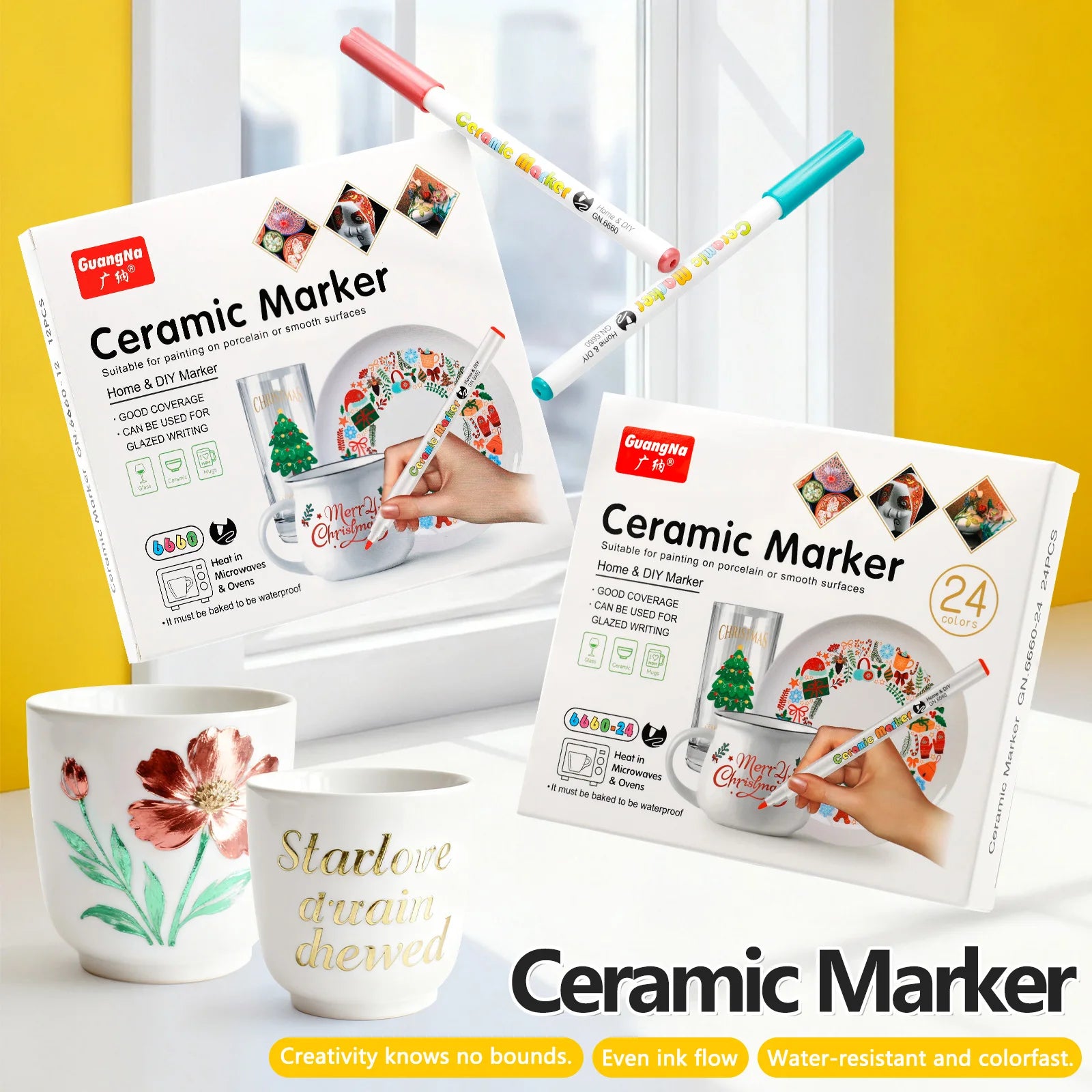 GN 12/24 Colors Ceramic Markers,Non-Toxic Ceramic Paint Pens,DIY Art Marker, for Rock Glass Porcelain Drawing Craft Supplies Qme