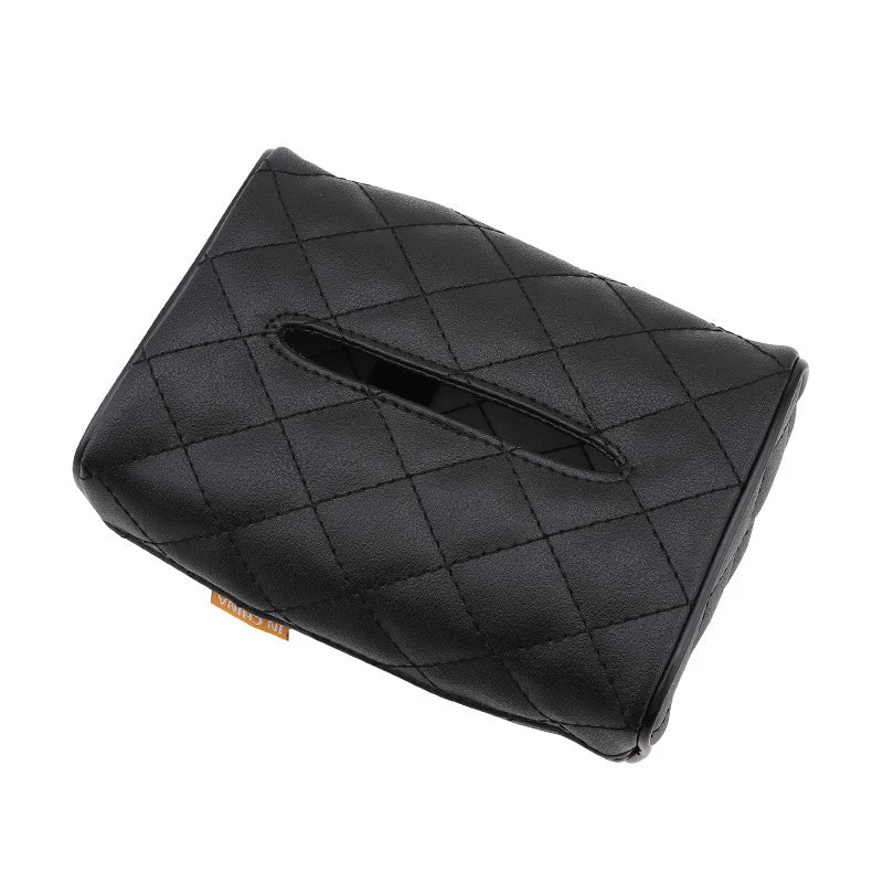 Solid Color Checkered Leather Wear-Resistant Tissue Box Car Seat Back Sunshade Hanging Tissue-Bag Buckle Strap Easy Installation Qme