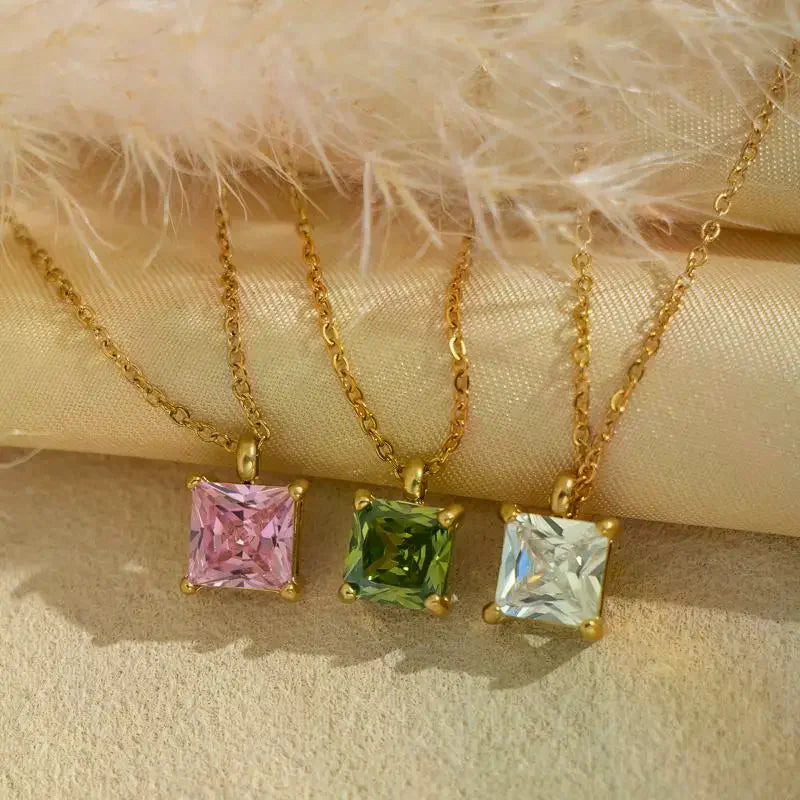 Minimalist Stainless Steel Pendant Necklace Square Colorful Zircon Jewelry for Work Business Casual Outfit Qme