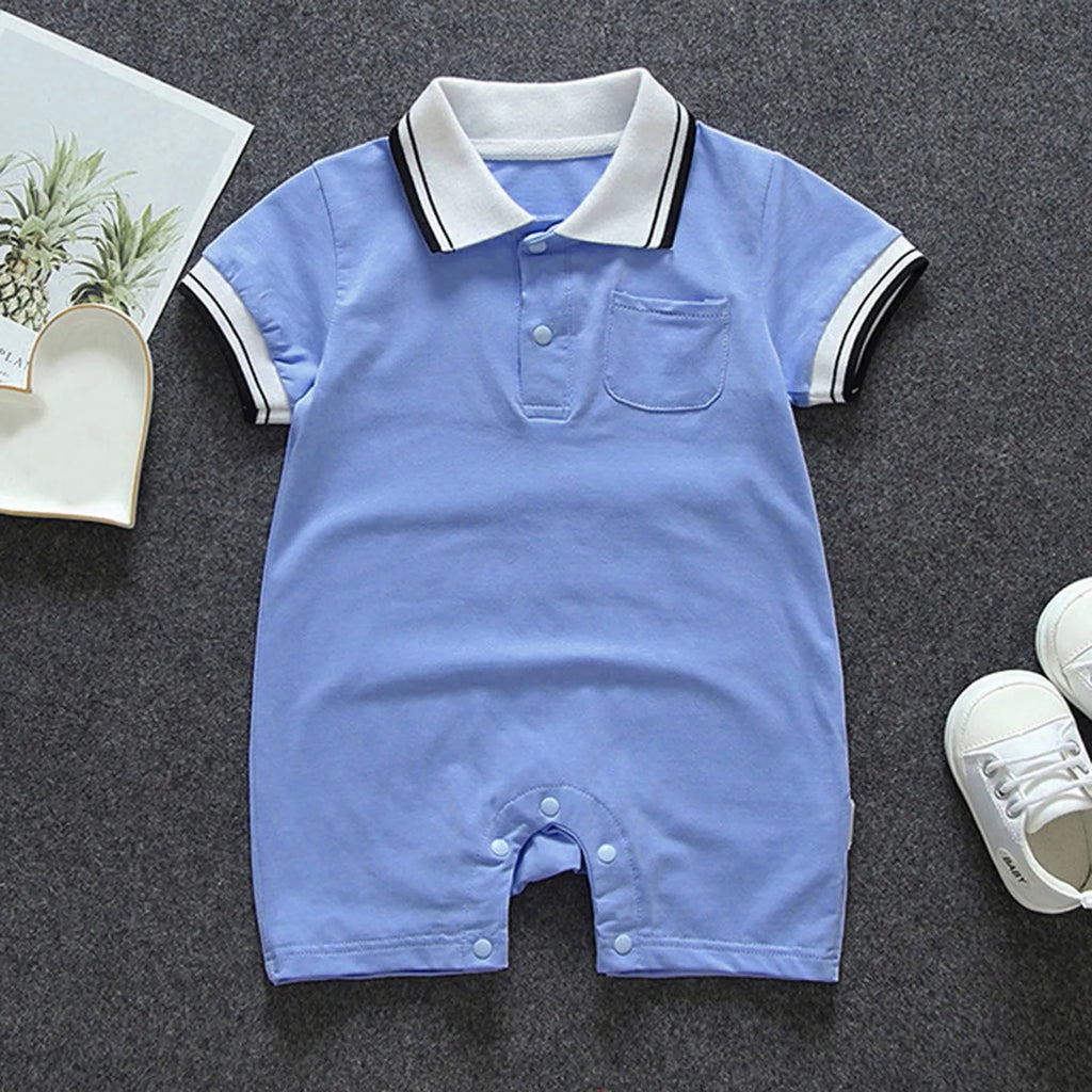 Baby Boys And Girls Summer Lightweight Solid Color Short Sleeve Turn-Down Collar Pocket Romper Convenient Casual Basic Playsuits Qme