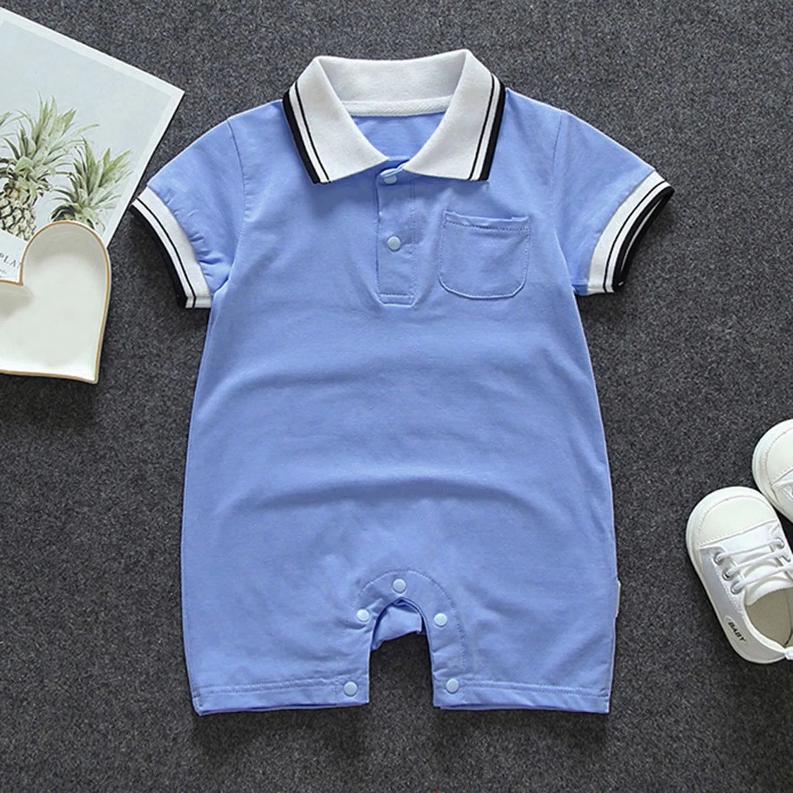 Baby Boys And Girls Summer Lightweight Solid Color Short Sleeve Turn-Down Collar Pocket Romper Convenient Casual Basic Playsuits Qme