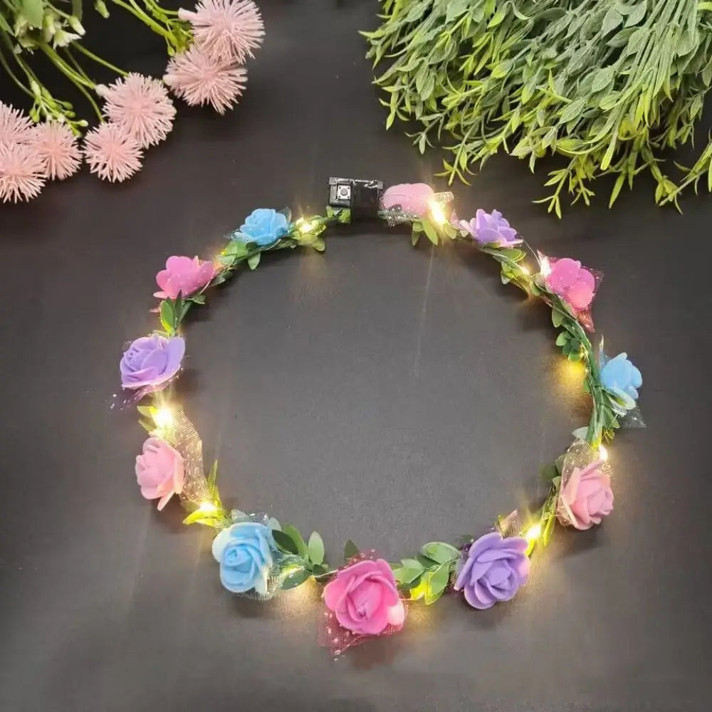 Simulation Rose Flower Wreath Headband Tiara LED Light Crowns Qme H