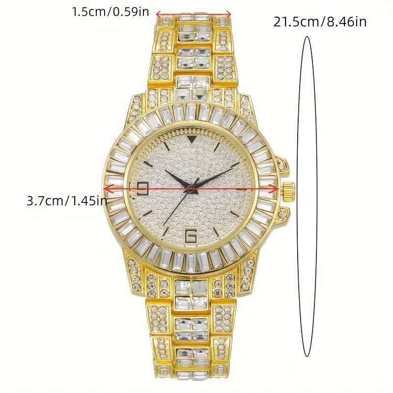 Men's Bling Jewelry Set: Gold Iced Out Watch + Cuban Link Chain + Bracelet, 3Pcs Hip Hop Set Qme