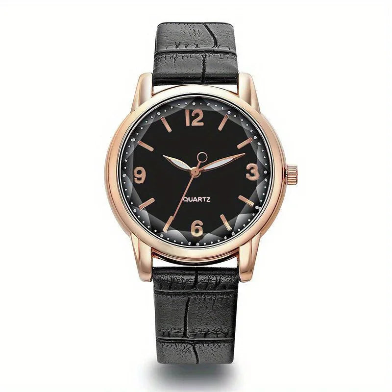 Casual Round Pointer Quartz Watch Ladies Fashion Analog PU Leather Wristwatch For Women Girls Students Qme black No