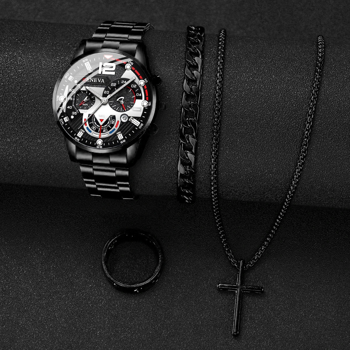 4 Pçs/set Moda Masculina Relógios Preto Banda de Aço Homens Negócios Relógio de Quartzo Conjunto de Jóias (Sem Caixa) Qme