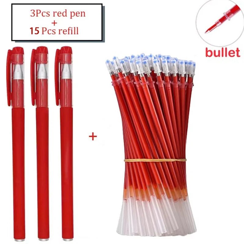Gel Pens Set Neutral Pen Black Blue Red Refill Gel Pen Bullet/NeedleTip 0.5mm School Office Supplies Kawaii Stationery Qme bullet 18 red set