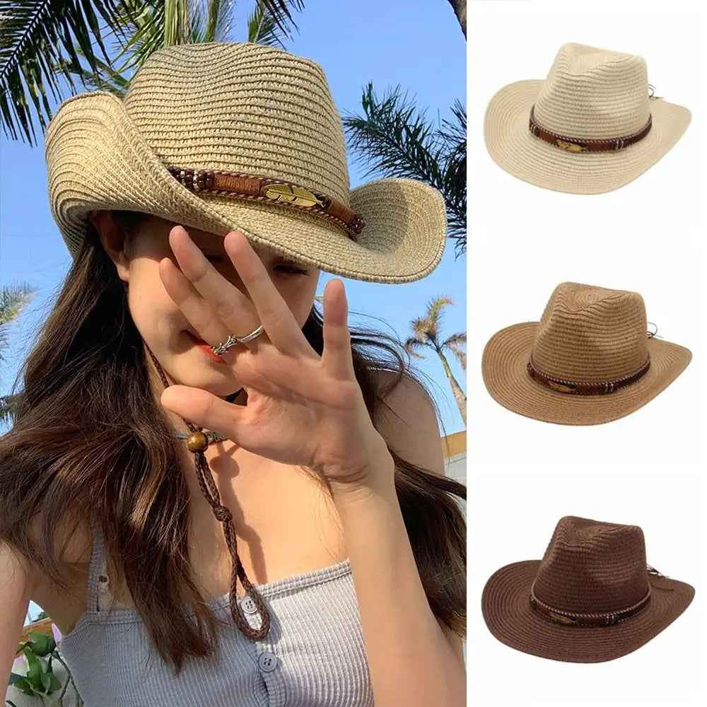 Fashion Summer Western Cowboy Hats Hiking Wide Brim Straw Cowgirl Hat Qme