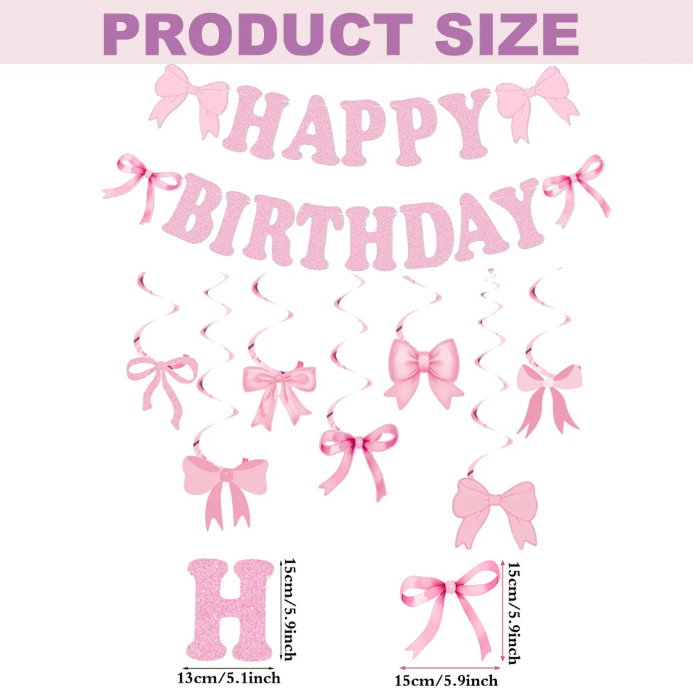 Bow Party Flag Decoration Set Pink/Blue/Black Bow Happy Birthday Banner Party Decor Bow Spiral Hanging Decor Scene Decor Props Qme