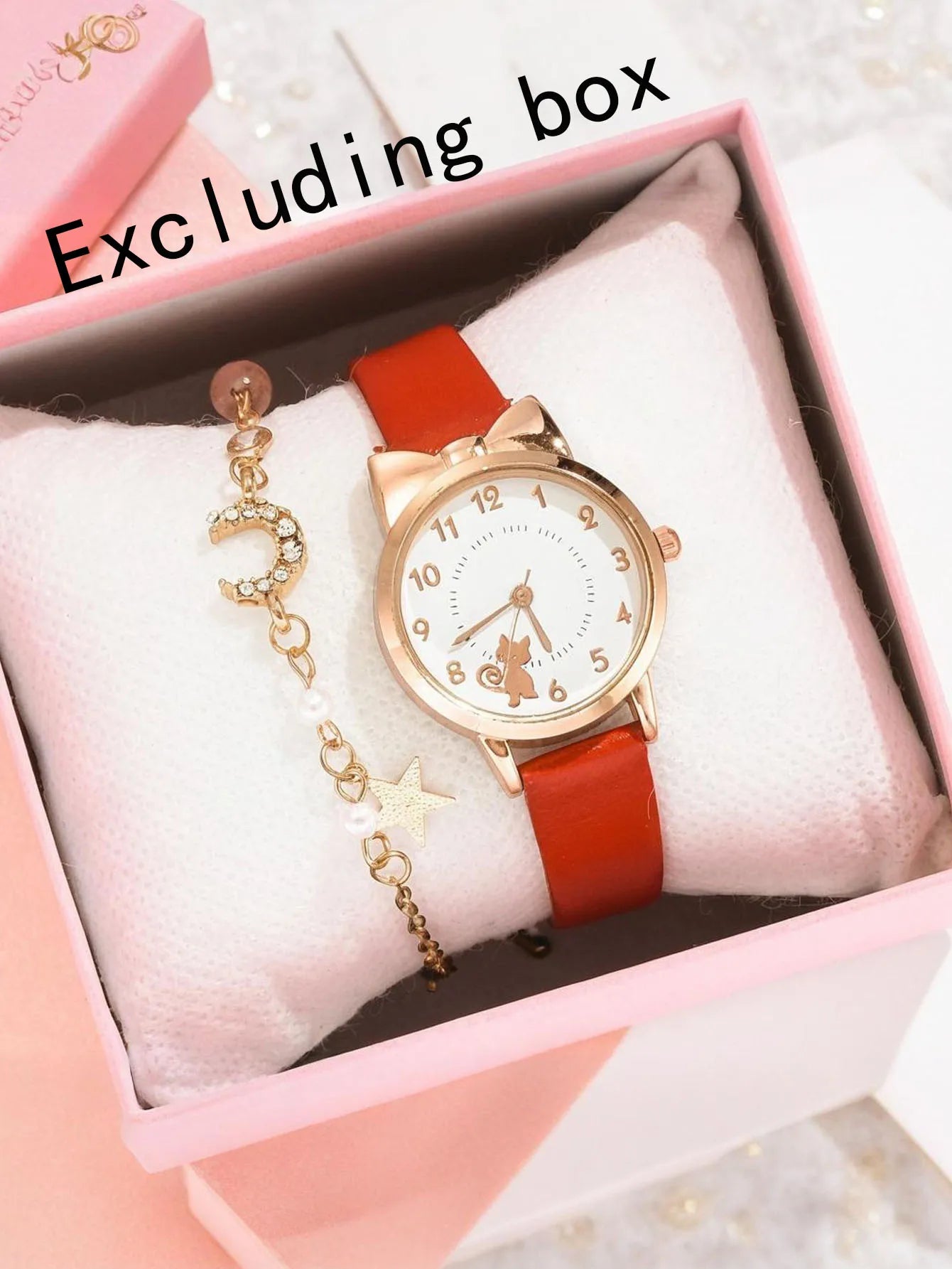 2-piece/set of ladies' fashionable watches with cat pattern PU and small scale, simple quartz watch set for students Qme Red set