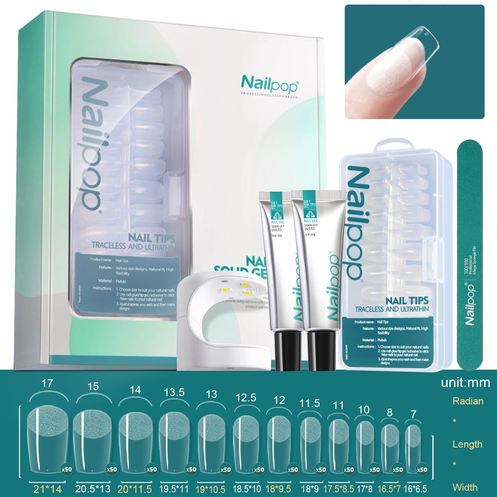 Nailpop Salon Nail Soft Gel Polish UV LED Lamp Tips Double File DIY Qme MJT-SET-BS17