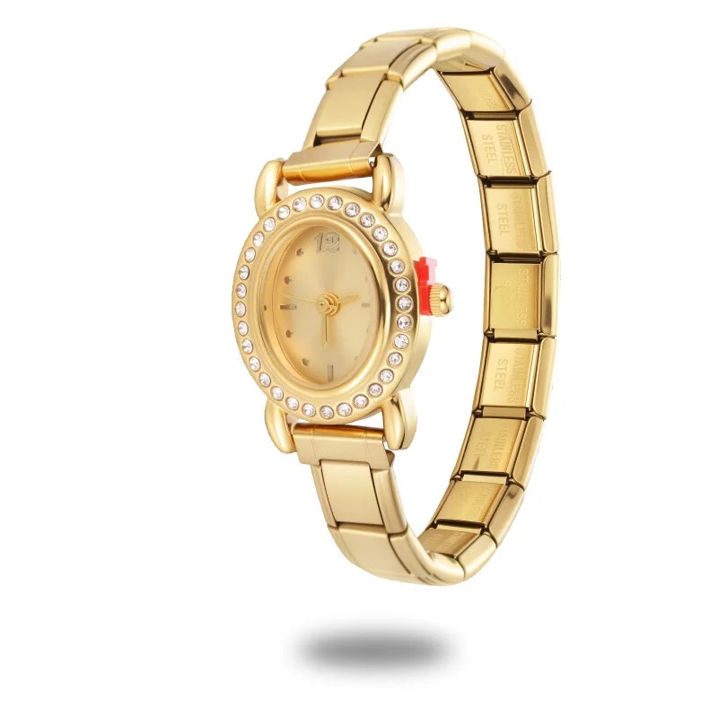 2025New Vintage High Quality Oval Inlaid Zircon Stainless Steel Watch Bracelet Women's 9MM DIY Italian Charm Bangle Jewelry Gift Qme Style 6