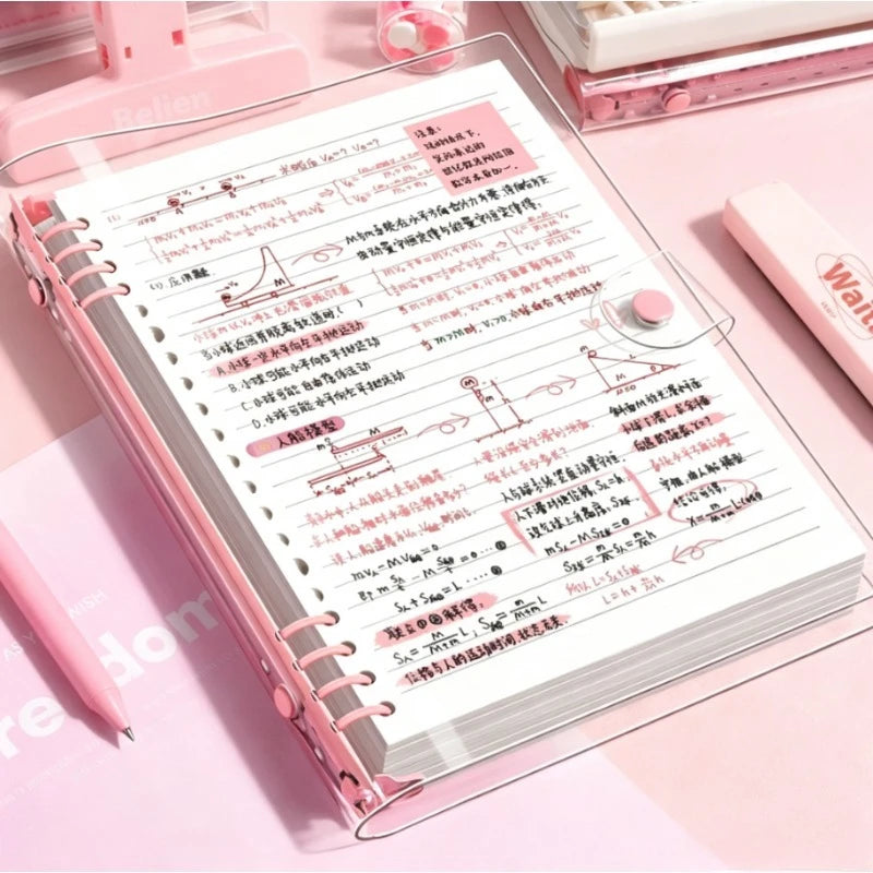60 sheets of 120-page transparent soft leather loose-leaf notebooks with detachable ring covers and horizontal lines A5 Qme pink A5