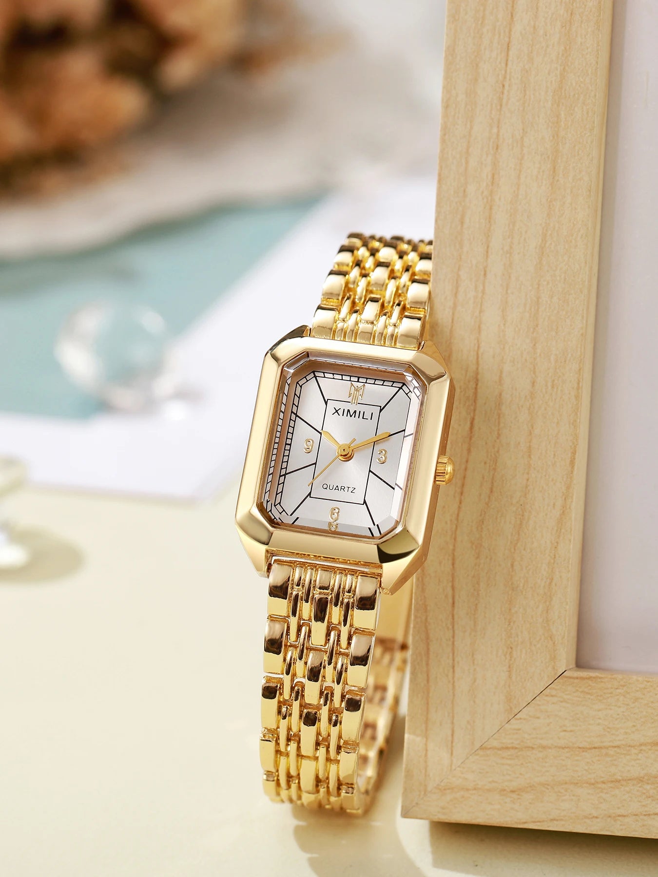 Golden rectangular steel strip quartz women's watch with diamond studded letters necklace bracelet earrings ring Mother's Day Qme