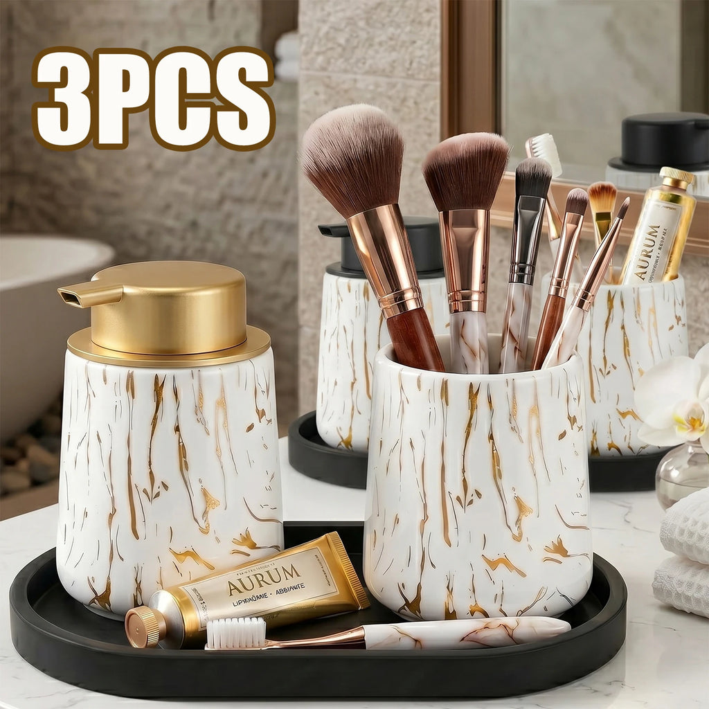 3pcs/set Marble Bathroom Set with Silicone Tray Foaming Hand Dispenser Toothbrush Holder Set Vanity Organizer for Bathroom Kitch Qme