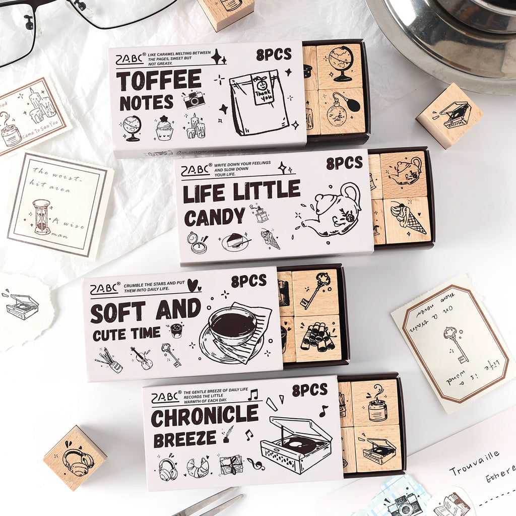 8 Pcs Vintage Cartoon series Wooden Rubber Letter Number Symbol Stamp Set For Card Making Planner Scrapbook Qme