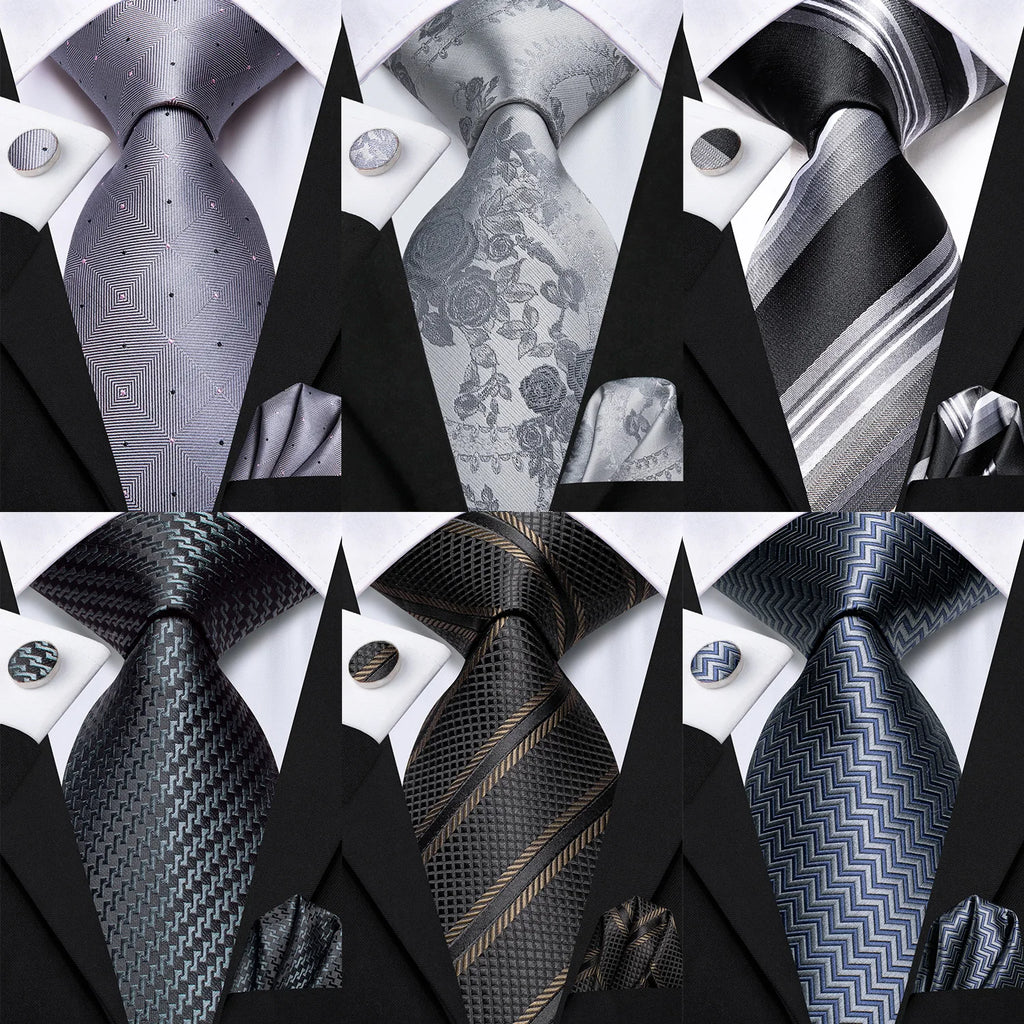 Hi-tie Smoke Grey Tie Men Elegant Mens Necktie Pocket Square Cufflink Qme