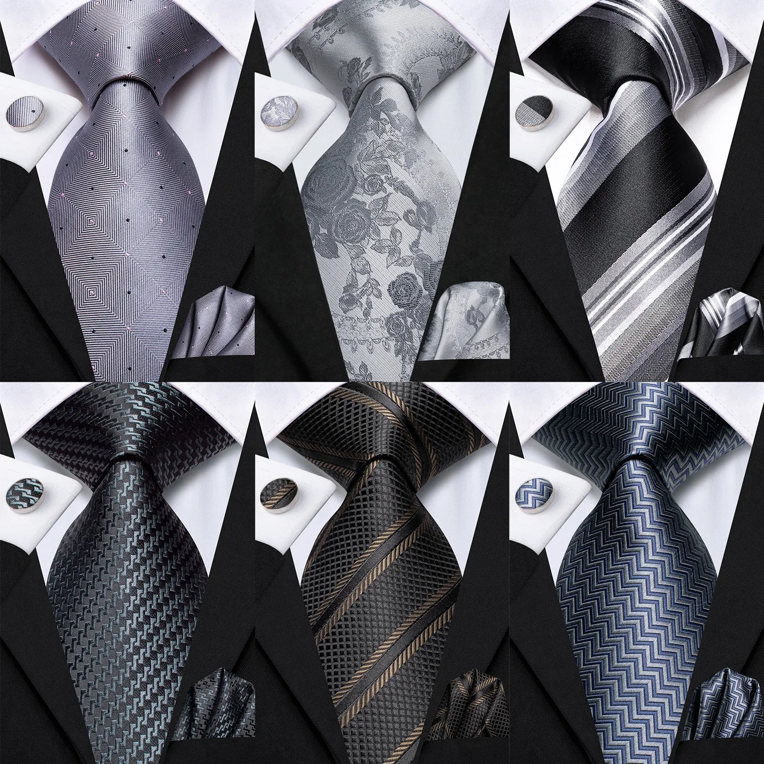 Hi-tie Smoke Grey Tie Men Elegant Mens Necktie Pocket Square Cufflink Qme